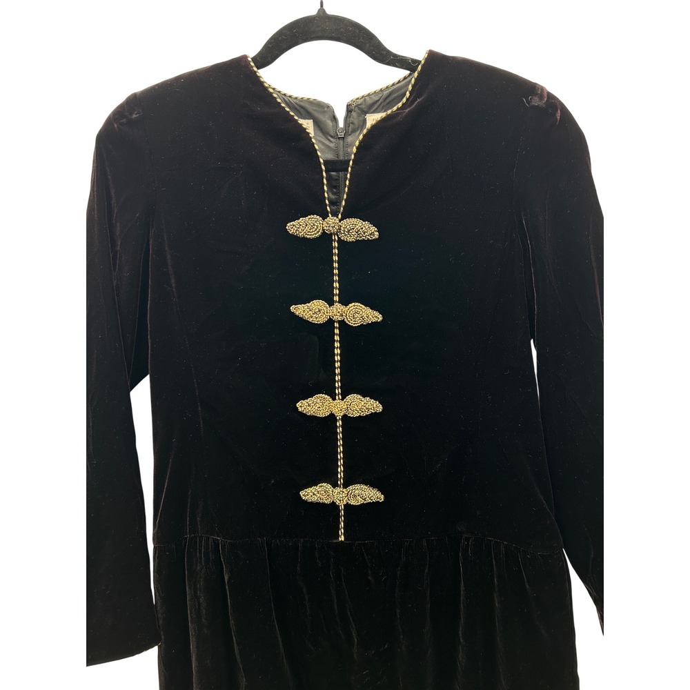 VTG Liz Claiborne Petite Brown Regal Whimsigoth Velvet Gold Trimmed Dress Size 6 - Picture 2 of 10